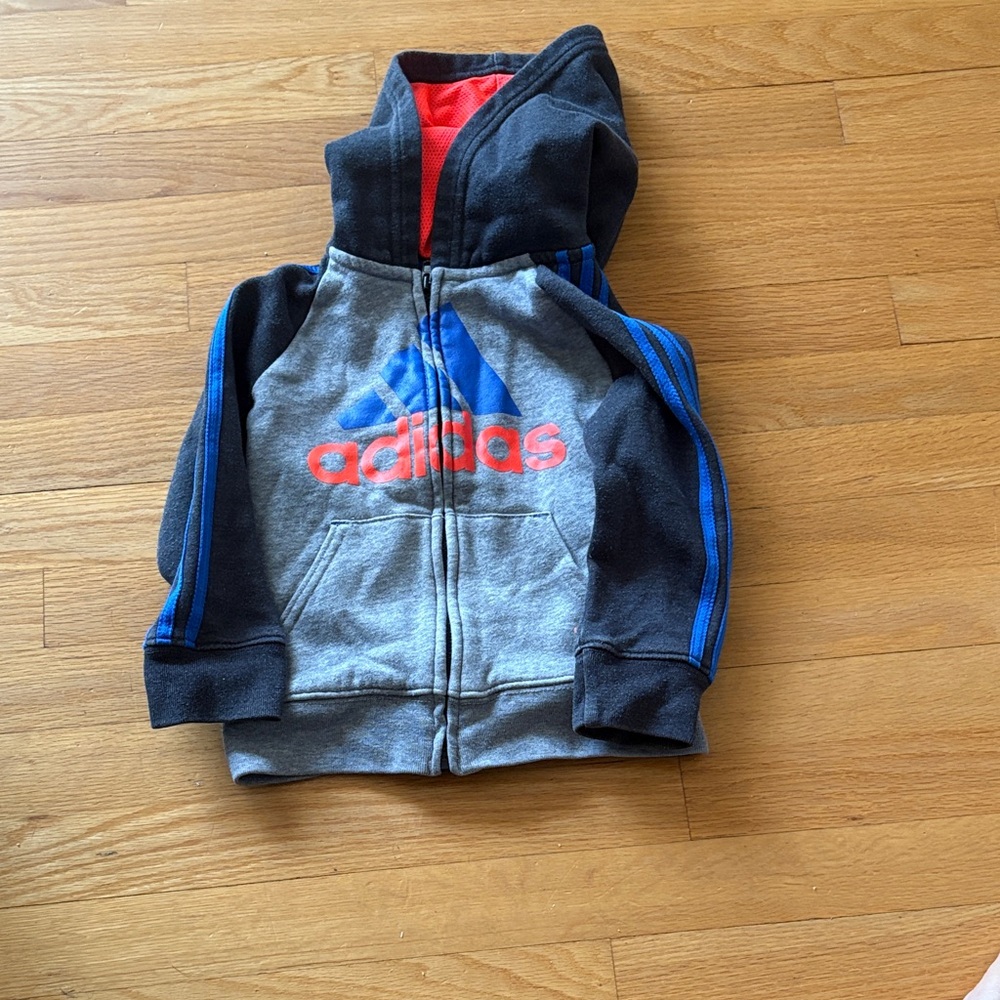 Adidas Kids Gray Hoodie with Blue and Red Accents